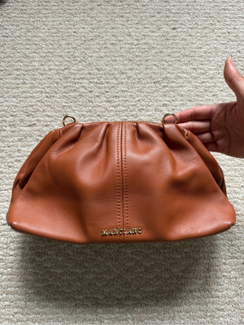 MARCIANO Cognac Leather Gathered Crossbody Clutch with Gold Hardware